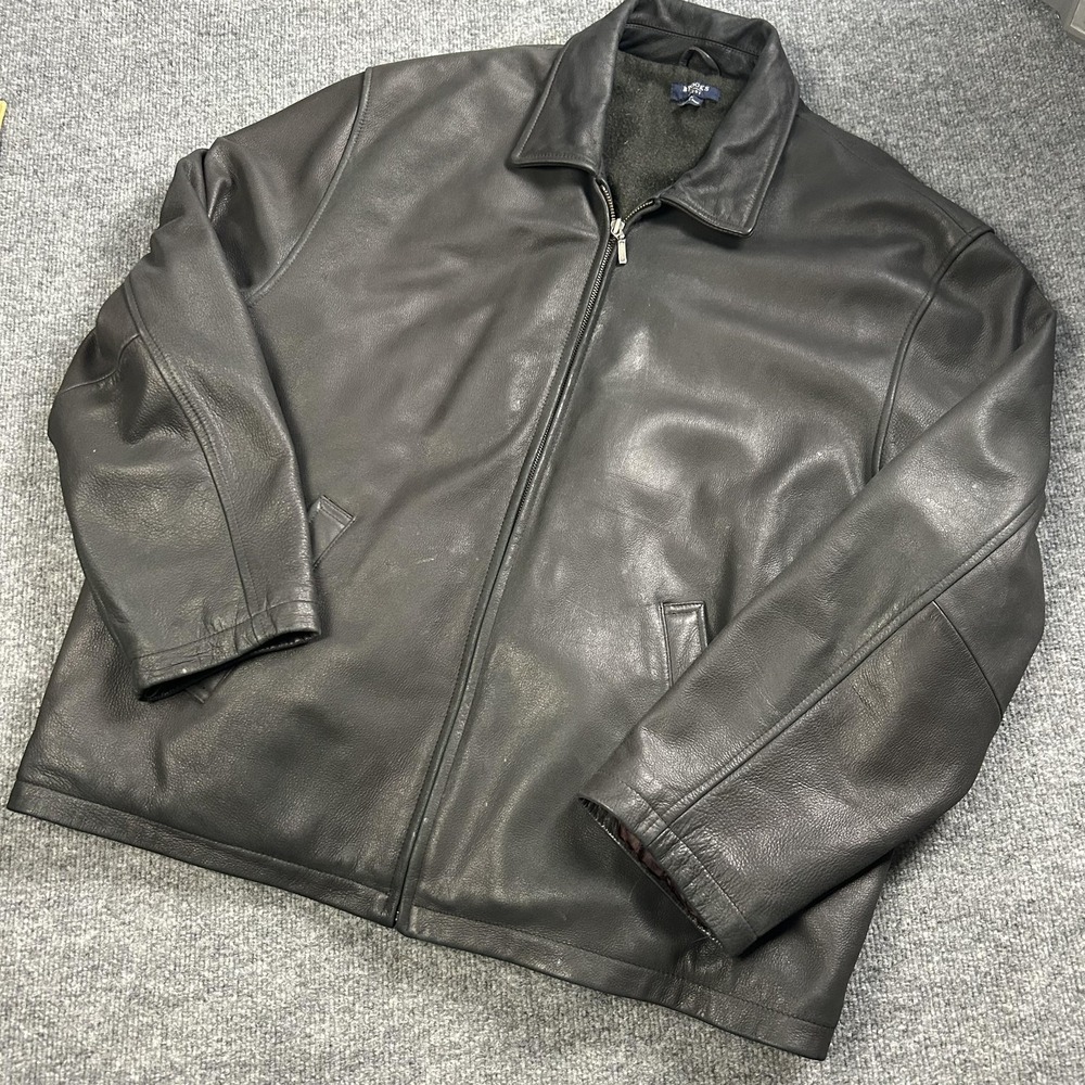 Brooks Jacket Mens XL Black Leather Biker Zip Pockets Wool Lined Insulated